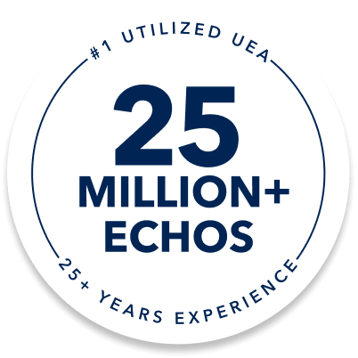 Circular blue and white badge for DEFINITY®, labeled '#1 Utilized UEA', celebrating '25 Million+ ECHOS' over '20+ years experience'