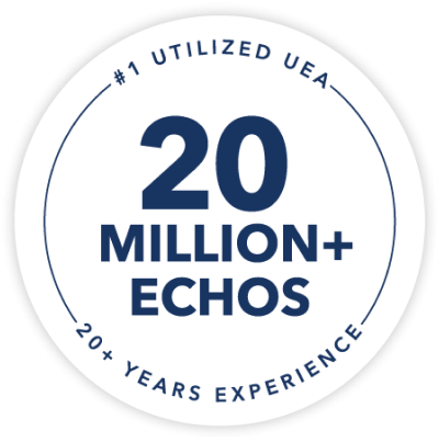 Circular blue and white badge for DEFINITY®, labeled '#1 Utilized UEA', celebrating '20 Million+ ECHOS' over '20+ years experience'